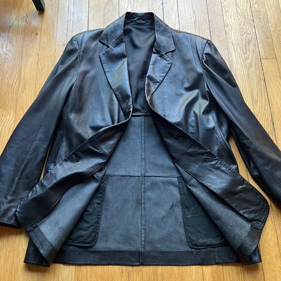 Fratelli Rossetti Mens Size 52 Black 100% Leather Single Breasted Blazer Jacket - Picture 12 of 16